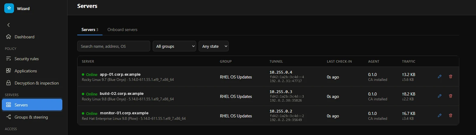 De serverlijst: drie Rocky Linux- en Red Hat-servers online, elk met groep, tunneladressen, laatste melding, agentversie en verkeer